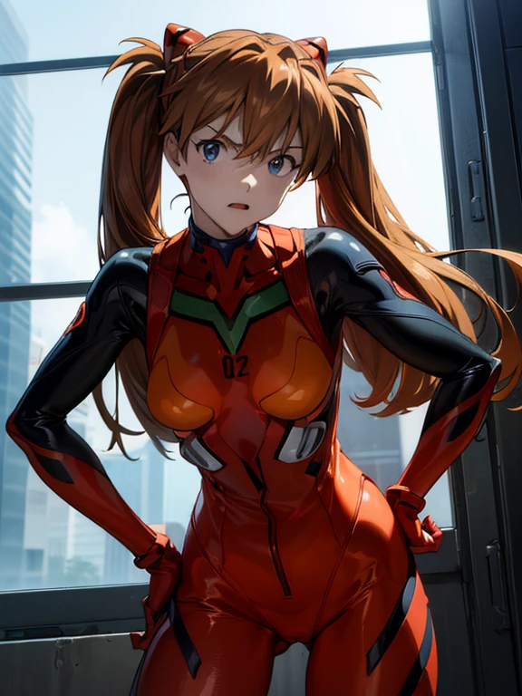 ultra-detailed, illustration, Beautiful Face, Beautiful body, ((souryuu asuka langley, interface headset, red bodysuit:1.4, Orange-brown hair)), glowing eyes, Sparkling Eyes, (beautiful and detailed eyes:1.1), whole body, (((Raise left index finger to attention:1.4, Place the other hand on your hip, Attention gesture))), (Mouth open in a preachy tone:1.25), (Leaning forward), The background is NERV Headquarters, [[delicate fingers and hands:0.55]::0.85],(detail fingers), (Toon Shader Rendering), photo with an 85mm camera, ((masterpiece, best quality, high resolution))