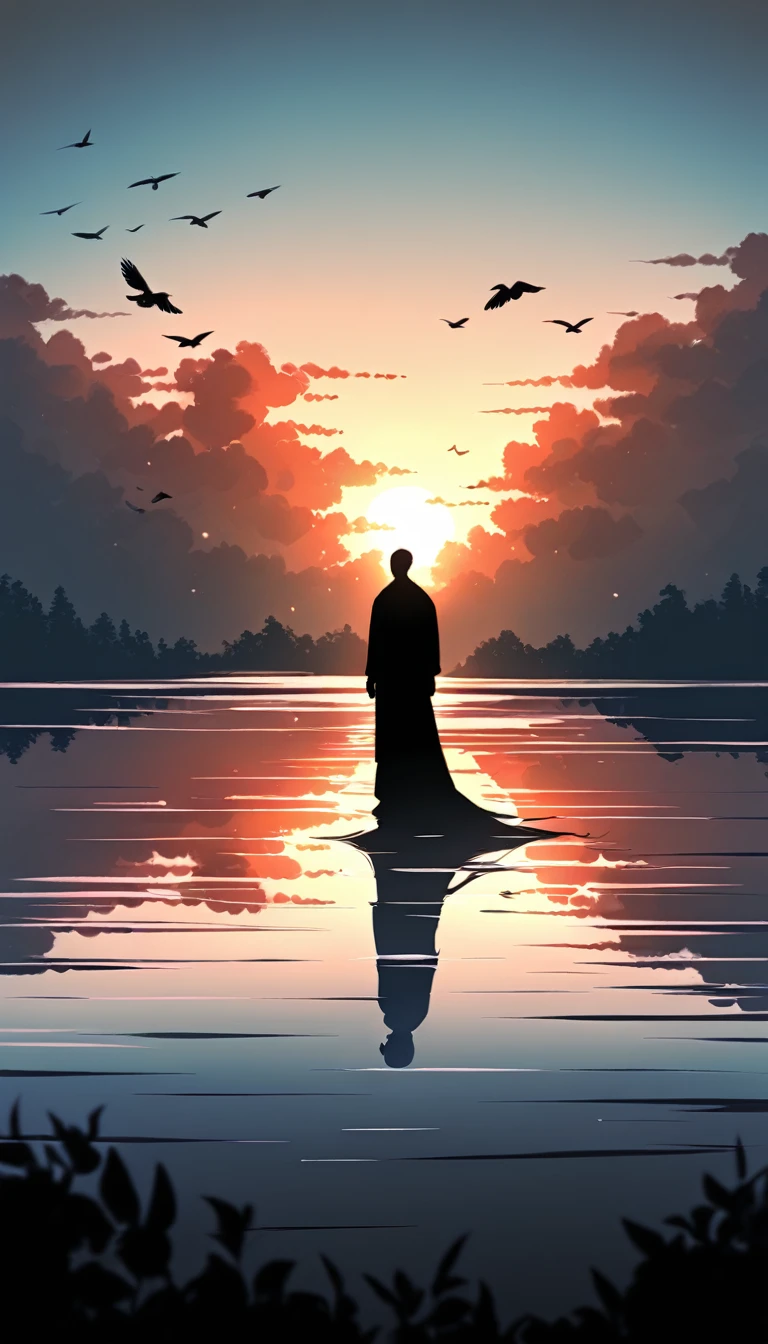 A man in a black bodysuit stands in the smoke, Priapus, Dark Black, Dark black skin, Buzz Cut, His muscles are very developed, Very tall, short hair, Blend into the smoke, Lake, Reflection, Sunset, Sunset, Bird, plum bossom, Man silhouette, Chinese, black and white, Simple style