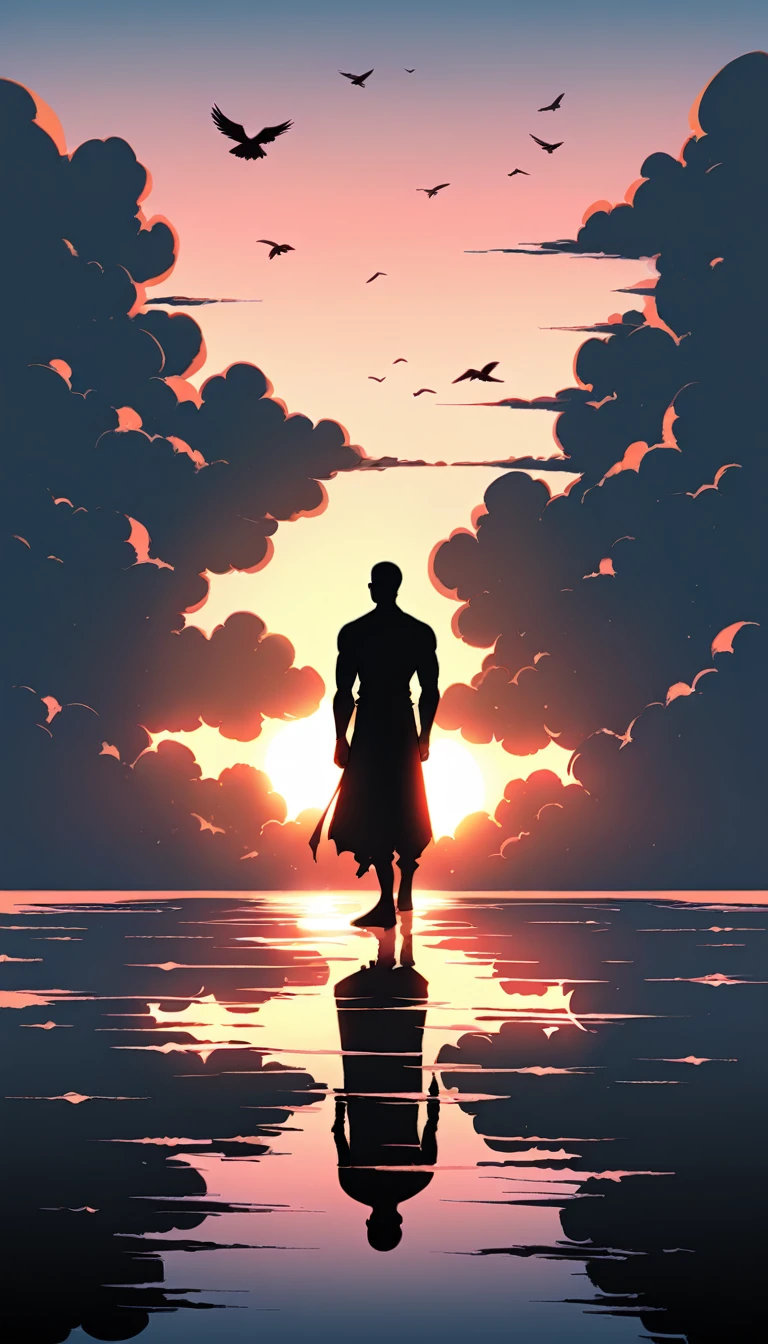 A man in a black bodysuit stands in the smoke, Priapus, Dark Black, Dark black skin, Buzz Cut, His muscles are very developed, Very tall, short hair, Blend into the smoke, Lake, Reflection, Sunset, Sunset, Bird, plum bossom, Man silhouette, Chinese, black and white, Simple style