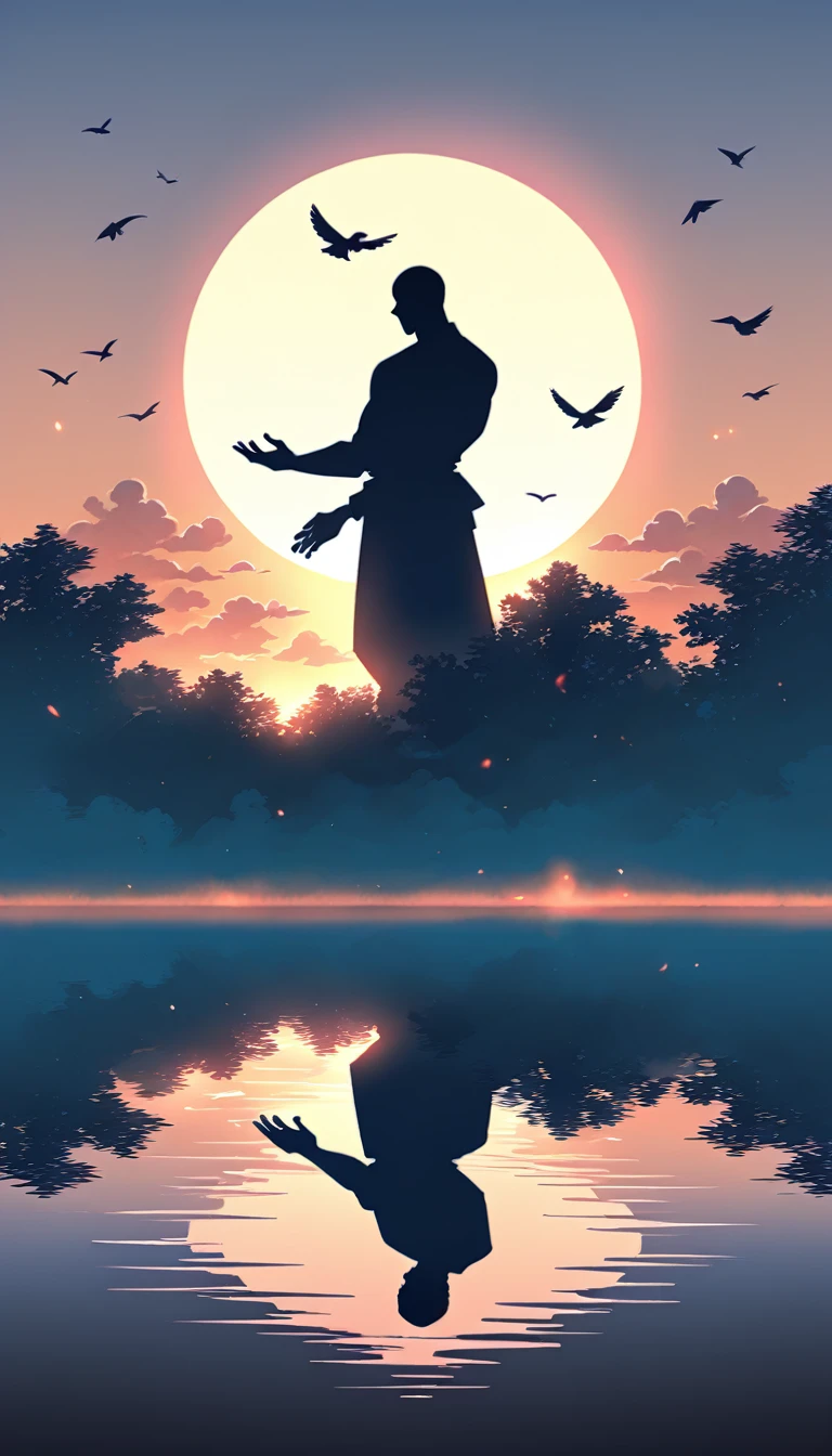 A man in a black bodysuit stands in the smoke, Priapus, Dark Black, Dark black skin, Buzz Cut, His muscles are very developed, Very tall, short hair, Blend into the smoke, Lake, Reflection, Sunset, Sunset, Bird, plum bossom, Man silhouette, Chinese, black and white, Simple style