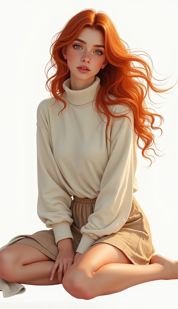 A captivating illustration of a young, freckled woman with long, wavy auburn hair. She is seated gracefully with her legs crossed, wearing a white turtleneck sweater and a beige skirt. There is a mysterious, dark aura surrounding her, as if she possesses a hidden power. The background is a plain white, emphasizing her vibrant appearance and the vividness of her presence. The overall atmosphere of the image is enchanting, with an air of dark fantasy., illustration, dark fantasy, vibrant.