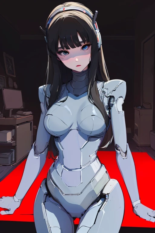 (masterpiece),(Highest quality),(Super detailed),(Best illustrations),(Best Shadow),(Absurd),(Detailed Background),(so beautiful), 16K, 8K, 4K,(Best Shadow),empty eyes,robotization,woman ,big bust,Robot Joint ,Metal skin,Black Suit,long hair,a suit that covers the whole body,tight bodysuit