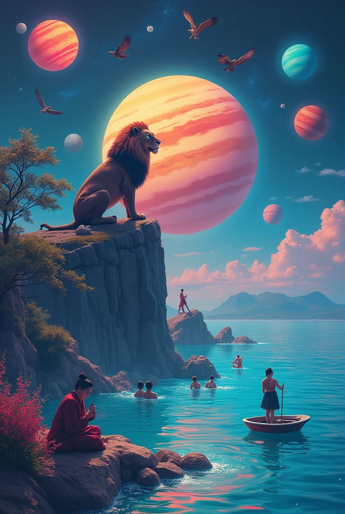 Mixing of Jupiter Uranus mercury mars Venus and earth with boat floating in neon sea and cat flying with eagles and humans swiming in sea happily with women making dall and rice and a person burning fire of blue colour and a huge lion siting on Jupiter with a mascular samurai of green eyes and lightning falling on all of them