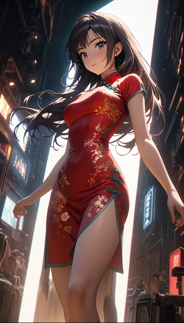 Cheongsam Girl,Long Hair,Pure white background,Depth of written boundary,Low angle view,Calf Level View,Overclocked Renderer,Cinema Lighting,Ultra-fine,Very detailed,complicated,Cinematic Perspective,CG Art,