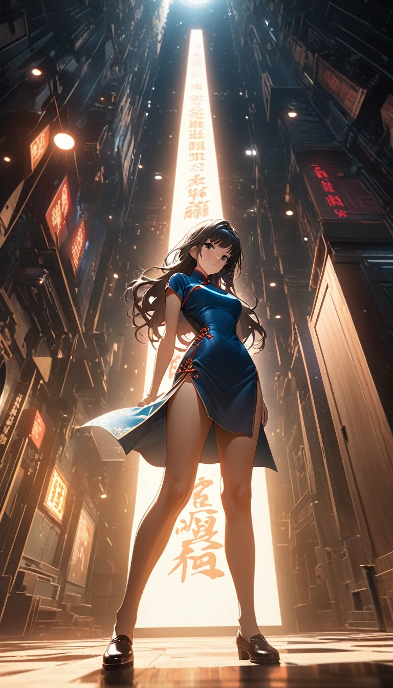 The striking giantess, dressed in a tight blue dress, with flowing black hair and deep brown eyes, strides through a futuristic landscape. Her towering form crushes everything beneath her feet, leaving a trail of destruction in her wake. She gazes at the tiny people scurrying at her heels, her eyes filled with a mix of amusement and contempt. Her sultry voice taunts them about their helplessness, her voluptuous figure exuding an aura of raw power and sensuality. Giantess, Goddess, y legs, heels, hot, curvy body, mommy issues, small town, small people, tiny people, macrophilia, perspective from below, high quality, almost nakature wdominant.