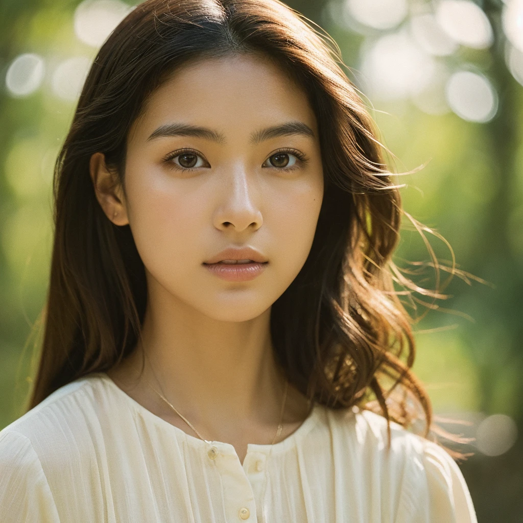 A hyper-realistic image of a single Japanese woman in her early 20s, captured with the nostalgic warmth and subtle graininess of a film camera. Her skin has a warm beige tone with a natural, slightly rough texture that includes visible pores, fine lines, and subtle imperfections such as small blemishes, adding to the authenticity of her appearance. The soft, diffused natural light enhances the film-like quality, casting gentle shadows that create a timeless, organic feel. Her straight, glossy black hair frames her face in a natural, slightly tousled manner, and her deep brown eyes reflect the ambient light, adding depth and emotion. The film camera effect introduces a slight grain and a softer focus, giving the image a warm, nostalgic atmosphere while maintaining the realistic texture of her skin. She is dressed simply, in a way that complements her natural beauty, with the overall composition designed to evoke a sense of genuine, understated elegance. The use of natural light, combined with the deliberately rougher texture of her skin and the film-like qualities, ensures that this image captures the imperfections that make her beauty truly lifelike, focusing solely on this one individual.