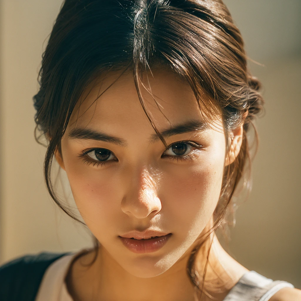 A hyper-realistic image of a single Japanese woman in her early 20s, captured with the nostalgic warmth and subtle graininess of a film camera. Her skin has a warm beige tone with a natural, slightly rough texture that includes visible pores, fine lines, and subtle imperfections such as small blemishes, adding to the authenticity of her appearance. The soft, diffused natural light enhances the film-like quality, casting gentle shadows that create a timeless, organic feel. Her straight, glossy black hair frames her face in a natural, slightly tousled manner, and her deep brown eyes reflect the ambient light, adding depth and emotion. The film camera effect introduces a slight grain and a softer focus, giving the image a warm, nostalgic atmosphere while maintaining the realistic texture of her skin. She is dressed simply, in a way that complements her natural beauty, with the overall composition designed to evoke a sense of genuine, understated elegance. The use of natural light, combined with the deliberately rougher texture of her skin and the film-like qualities, ensures that this image captures the imperfections that make her beauty truly lifelike, focusing solely on this one individual.