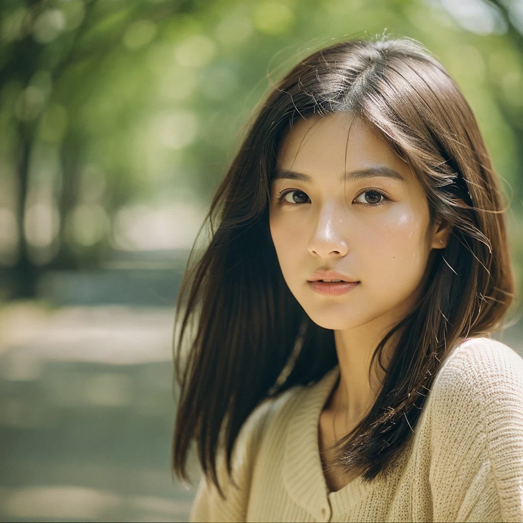 A hyper-realistic image of a single Japanese woman in her early 20s, captured with the nostalgic warmth and subtle graininess of a film camera. Her skin has a warm beige tone with a natural, slightly rough texture that includes visible pores, fine lines, and subtle imperfections such as small blemishes, adding to the authenticity of her appearance. The soft, diffused natural light enhances the film-like quality, casting gentle shadows that create a timeless, organic feel. Her straight, glossy black hair frames her face in a natural, slightly tousled manner, and her deep brown eyes reflect the ambient light, adding depth and emotion. The film camera effect introduces a slight grain and a softer focus, giving the image a warm, nostalgic atmosphere while maintaining the realistic texture of her skin. She is dressed simply, in a way that complements her natural beauty, with the overall composition designed to evoke a sense of genuine, understated elegance. The use of natural light, combined with the deliberately rougher texture of her skin and the film-like qualities, ensures that this image captures the imperfections that make her beauty truly lifelike, focusing solely on this one individual.