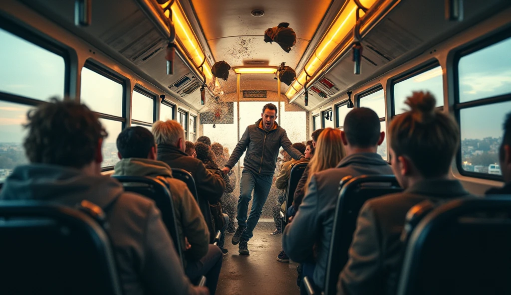 A sudden, violent jolt inside a bus, causing everything to shake.**