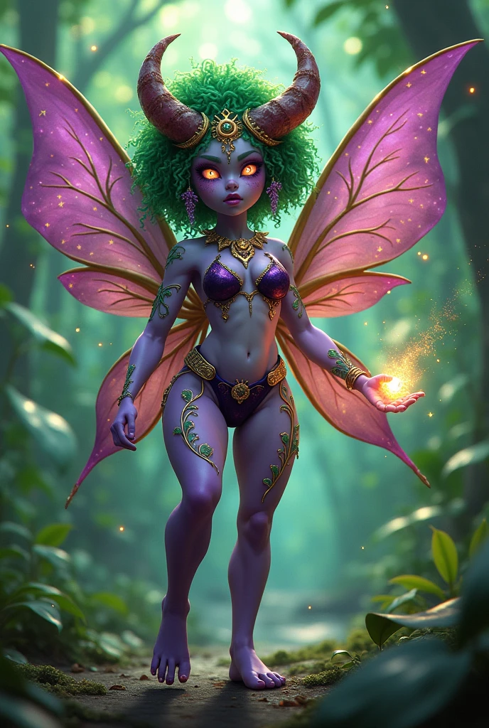 Prismatic coloration. Jungle like environment. A Short young Gremlin like Plant woman with a Deep purple skin tone lit up with heavy miniscule starlike freckles & a set of B-cup breasts, bearing curvaceous hips, Slender Legs, & a round but small ass. She has short leaf green curly hair stopping at the top of her neck with various flowers growing within. She is wearing a revealing Black & Purple Bikini like armor exposing much of her chest area with Golden celestial designs & an otherworldly Tiara on her head. She has a serious face & a stern gaze in her sharp Starlike prismatic Glowing eyes with black sclera & a heavy freckled form. She has long sharp Glassy Blood-Red Demonic horns radiating Floral energy & a set of elegant Elven ears. She has long Ruby red vine like tattoos running all around her body accompanied by Crimson Star-like Tattoos running along them. She has a small cute deer like nose. She has large Crystal Golden Fairy-like wings with a starlike pattern. She is seen in a battle stance summoning verdant green Stardust magic from her fingertips