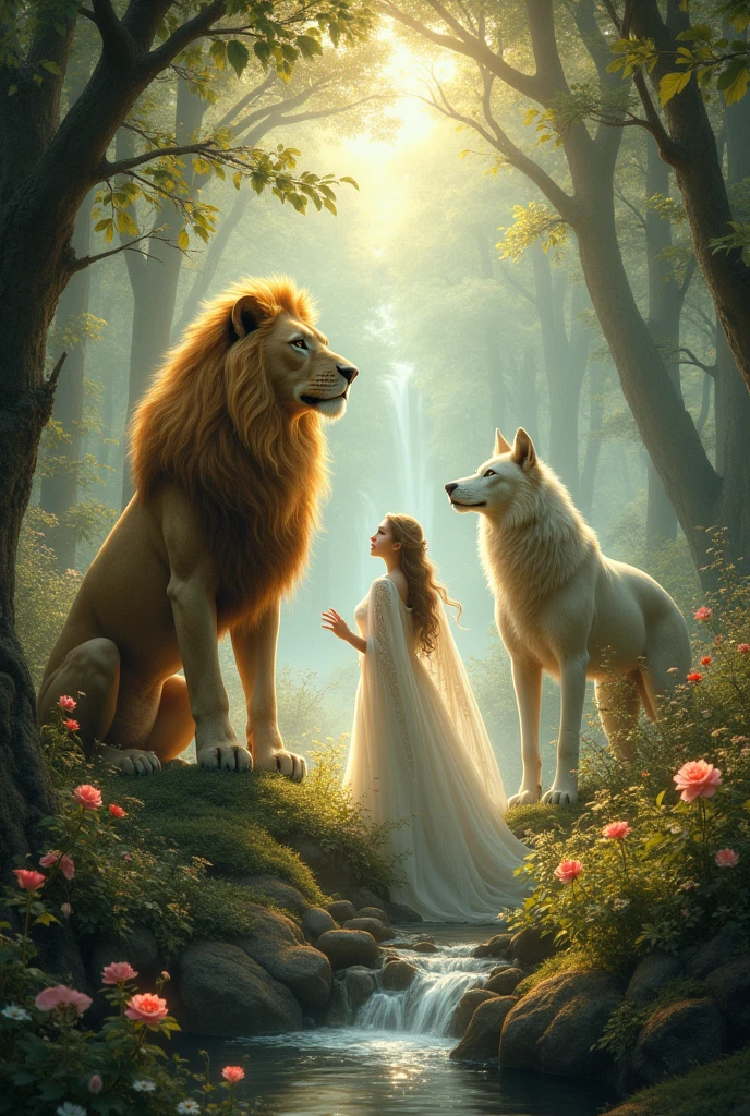 Une forêt enchanté avec un lion , un loup , une ange , une jolie femme , des jolies fleurs , un lac , de la magie , une cascade , style gothique