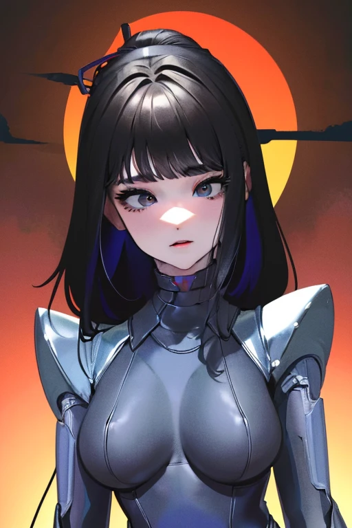 (masterpiece),(Highest quality),(Super detailed),(Best illustrations),(Best Shadow),(Absurd),(Detailed Background),(so beautiful), 16K, 8K, 4K,(Best Shadow),empty eyes,robotization,woman ,big bust,Robot Joint ,Metal skin,Black Suit,long hair,a suit that covers the whole body,tight bodysuit