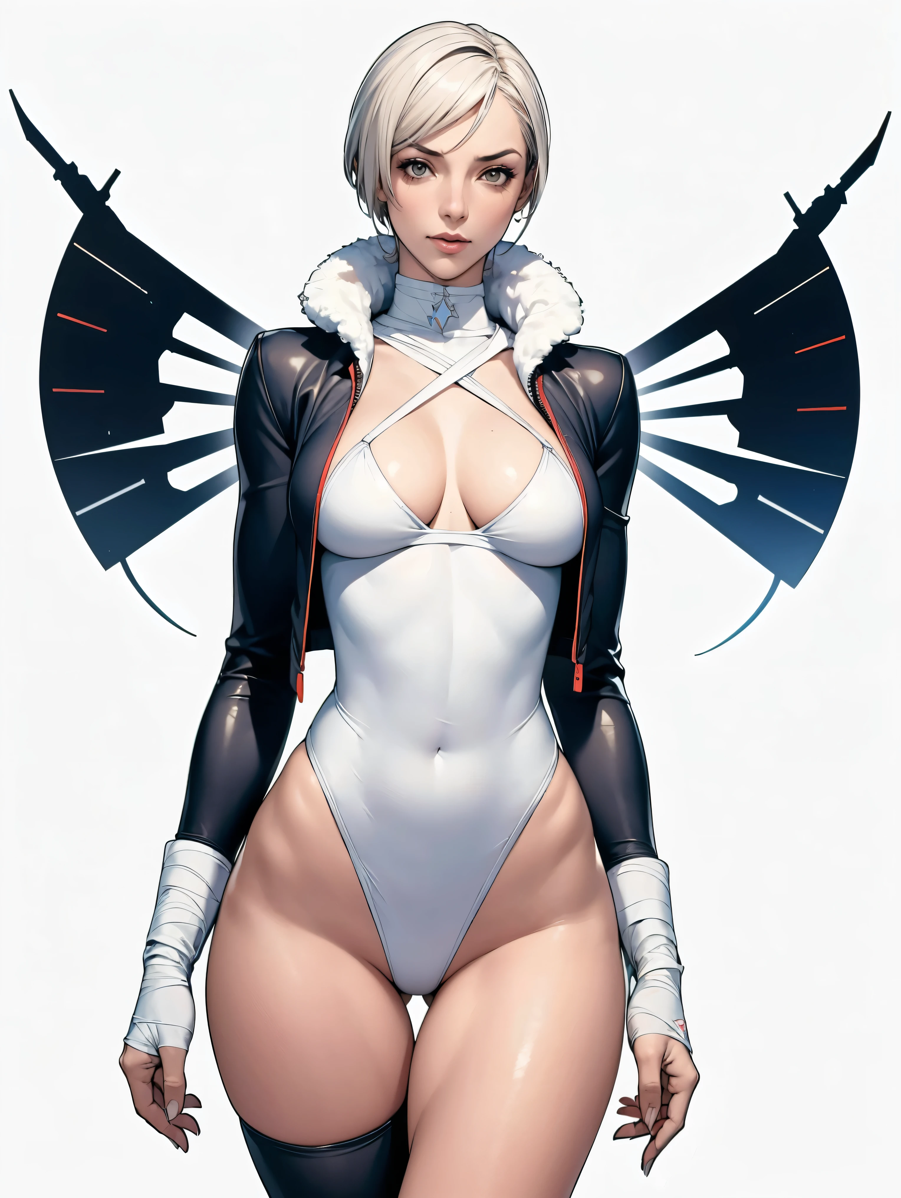 (((Annie Lennox))), (((colorful suit))), (scars), (((bandaged arms))), (((colorful clothes))) (( hood)), (((best quality: 1.4))), (Unbeatable masterpiece), (hyper HD),(CG 8k hyper-realistic), beautiful face, (((breasts big))), (((hyper feminine))), sexly girl, ((round face)), black tattoo,(ultra short red hair with white highlights)), ((( sculptural body ))), (((1 Kizi))), Kizi tatuada de 25 anos com perfect body, perfect hands, perfect fingers ,Beautiful and well-groomed face, (round face), muscular body:1.2,solid color detailed jacket, (Head to thigh photos), Complex equipment, ,Tight clothes,With white stars and off-white stripes,,,,,Armor Metal Electronic Parts, Poison tattoos ) INFO, Kizi, (((standing alone))), , 24歳, sexy, pose de attitude, work of art, dancing, ((slight smile)), post-apocalypse, (((manga style))), bounty hunter, the way you want, perfect body, roupa moderna, advanced technology, white, yellow accent, black, red accent, fur collar jacket, sleeves with vertical striped pattern, background city, (( cowboy shot )). intricate visual, narrow waist, (((wide hips))), wide hips, fit thighs, (((thigh gap))), Thigh gap, background shows a futuristic airplane, open expression, expression happy