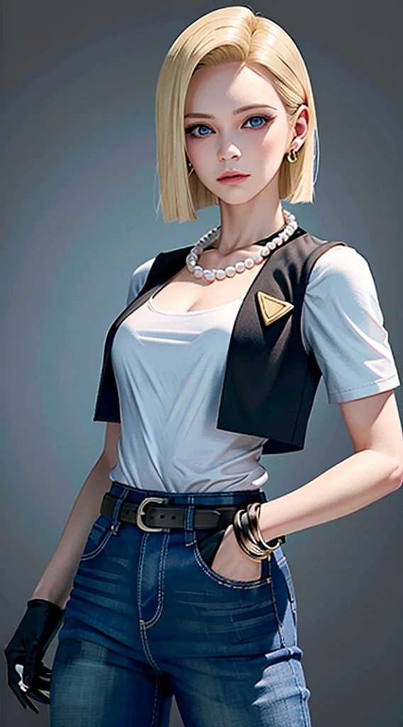 8K，Real picture，complexdetails，Hyper-detailing，（realisticlying），
and18，1girll，Android18，blond hairbl，eBlue eyes，obi strip，denim pant， the pearl_necklace，bangle，Black gloves，white  shirt，short detailed hair，short- sleeved，耳Nipple Ring，Blue pants，Open the vest，black tanktop，
peace，flags，G-cup，