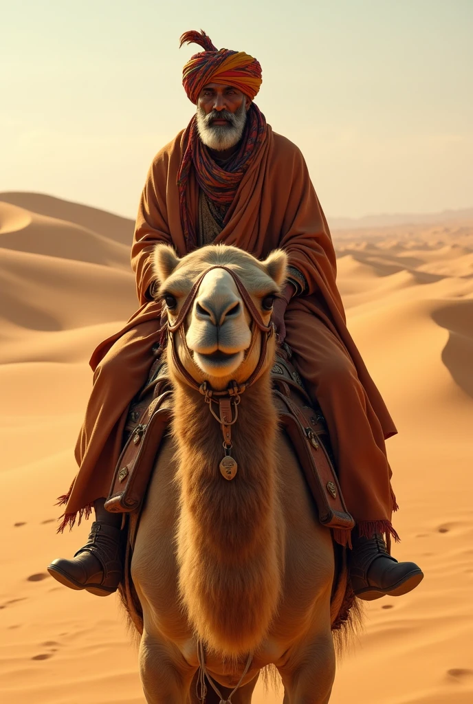 A turban guy sit on the camel and everywhere sand.