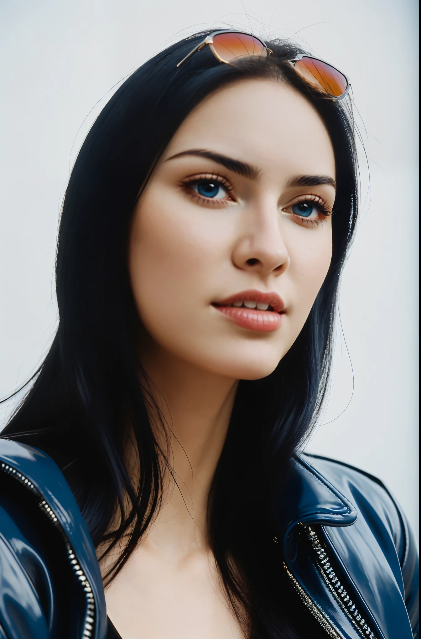 ultra realistic 8k cg, (white background, delicate pattern, intricate detail, highly detailed, fine details), best quality, (photorealistic:1.4),beautiful lighting, absurdres, RAW photo, film grain, ((big breasts, slim girl, close-up, portrait)), Nico robin, Woman in dark blue leather jacket, sunglasses above the head, 1girl, solo, black hair, long hair, (, blue eyes), ((slim girl, big breasts)), smile, (simple detailed background, nature environment, close-up, portrait),stunning attractive figure, beautiful photo of sexy woman, looking seductively in front, black natural hair,ultra realistic 8K CG, masterpiece, ((white background, delicate pattern, intricate details)), (highly detailed, fine details), best quality, 1 girl, big breasts ), 1, white skin, femenine, sunglasses above the head, charming, long hair, perfect body, standing on the floor,natural ilumination, too white skin, (close-up, editorial photograph of a 1 woman), (highly detailed face:1.4) (smile:0.7) (background inside white, moody, private study:1.3) POV, by lee jeffries, nikon d850, film stock photograph ,4 kodak portra 400 ,camera f1.6 lens ,rich colors, hyper realistic ,lifelike texture, natural lighting , cinestill 800, natural makeup , too white skin, lovely, femenine, happy,absurdres, highres, ultra detailed, (1 young beautiful girl, solo:1.1) , big chest, chest perfect, big breasts, big breasts, A close-up of a woman wearing a leather blue jacket, black hair, Nico robin, Beautiful figure, very seductive pose, sexy, sweet girl, white skin, Nicorobin, perfect eyes, very white skin, in front of a white wall, too white girl, very white girl, nico robin, ultra high quality, 1 girl, Woman in dark blue leather jacket, hair back, sky blue eyes, sunglasses above the head