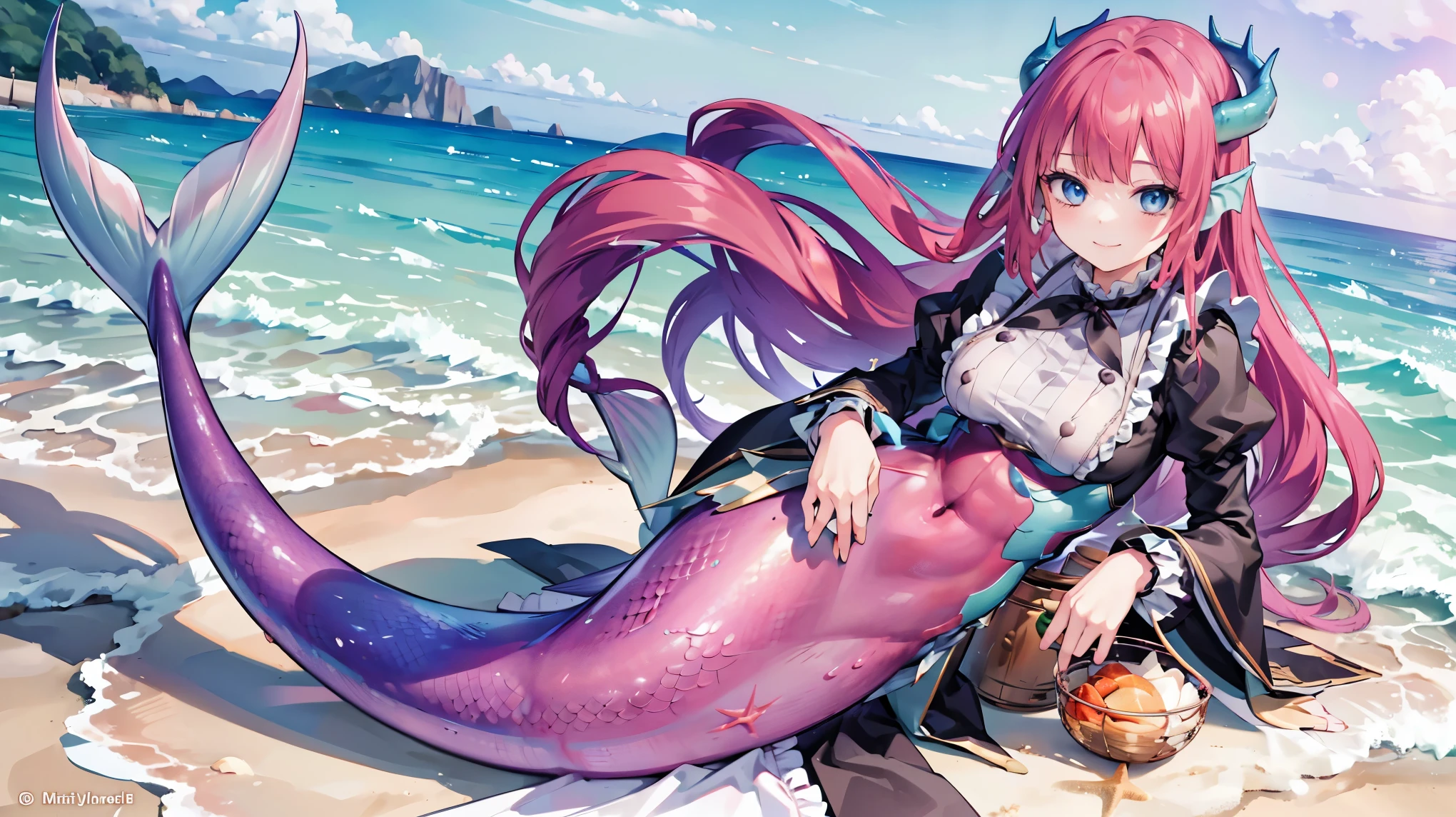 masterpiece, best quality,A girl,kitchen_dragonmaid,Blue Eyes,Maid costume,独奏,Mermaid,红色的Mermaid尾巴,full-body shot,beach,Sea view,Smile,lying on a beach