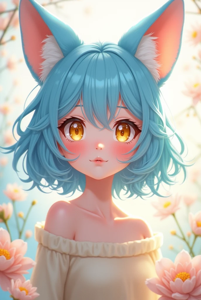 2d anime girl with fox ears, pastel blue hair and yellow eyes