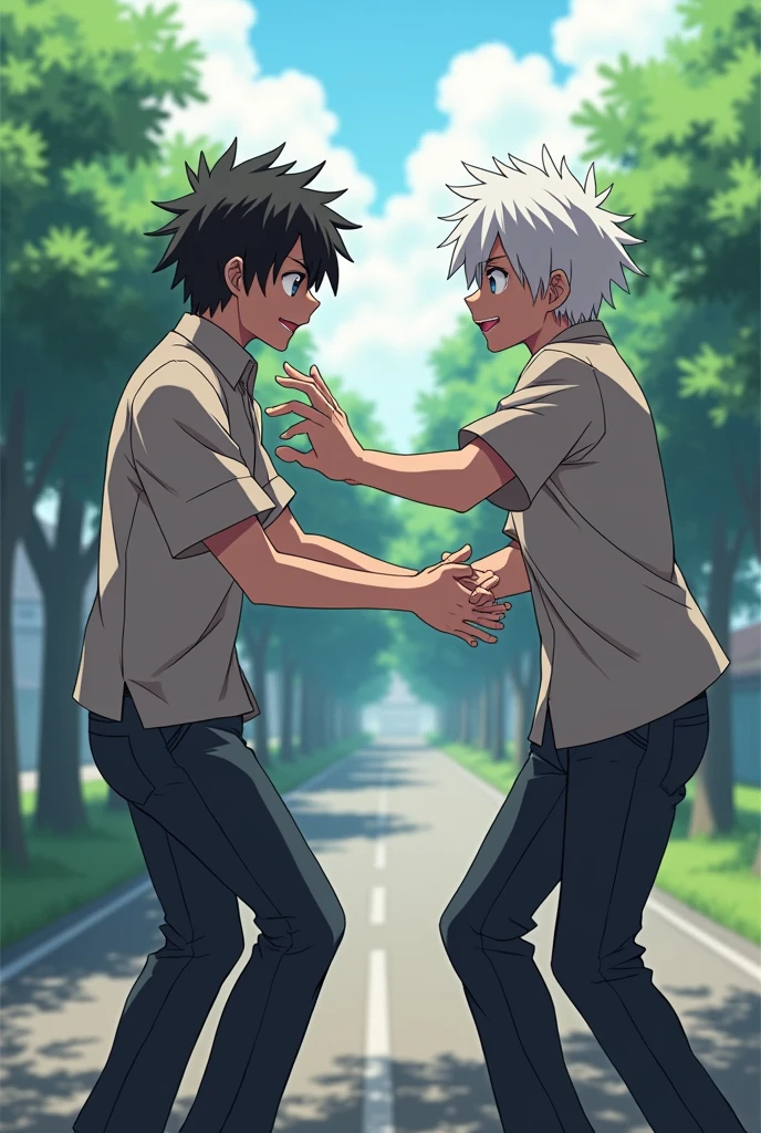TWO MEN one with short black hair and the other with short white hair gay at school the one with short black hair gay slaps the short white hair gay at school without uniform anime