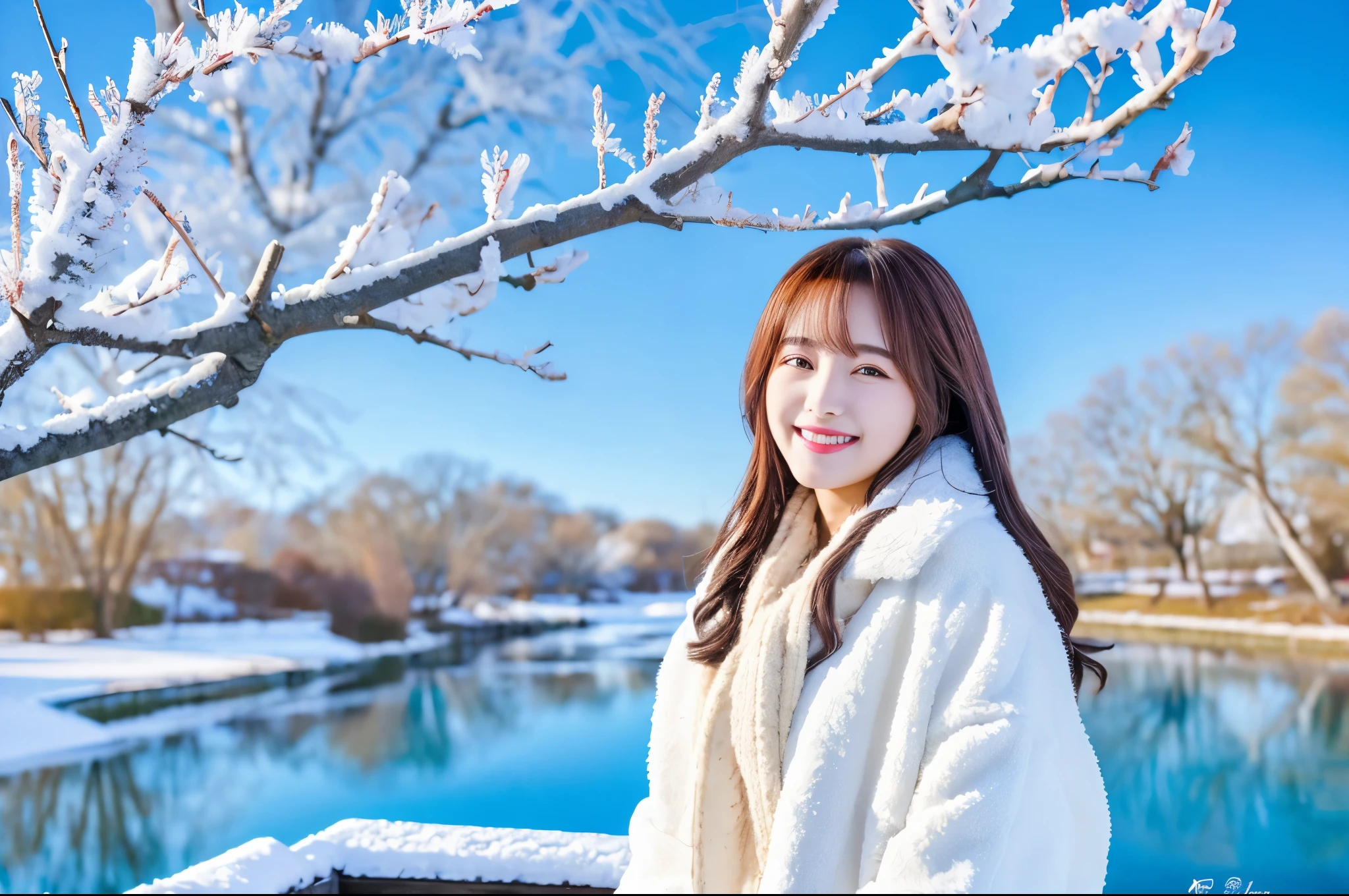 Highest quality　masterpiece　detailed　Super pretty woman smiling and wearing white coat at winter frozen tree々Standing in front of the Blue Pond　Photo style　Real　Fantasy