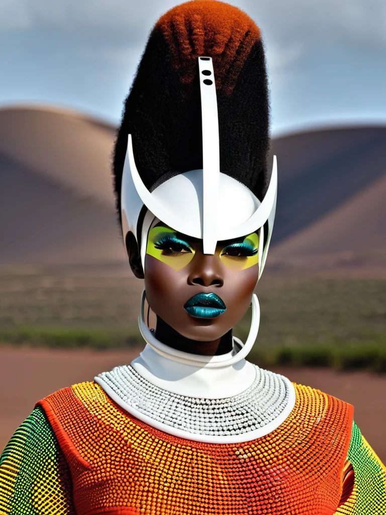 frofuturist mode photography, capturing the essence of Afrocentric style and futuristic esthétique in stunning visual Récits, mode:1.4, esthétique:1.3, Récits:1.2. , afrofuturisme