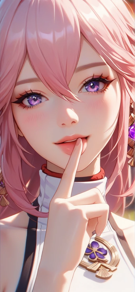 score_9, score_8_up, score_7_up,source_anime, high res image,masterpiece,best quality,girl,cute face,clear skin,yae_miko_shogun_genshin, upper body, standing, Japanese temple,(looking at viwer), smile, finger_to_mouth,