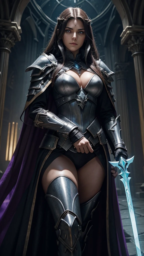 A strong, determined, compassionate, haunted, conflicted, resourceful, justice-seeking, full of redemption, reckless and guilty female Paladin/Warlock (Hexadin) named Seraphina, also known as "Sera". She is of the variant human race and has an imposing stature, standing at 5’8” tall and weighing 145 lbs. Her long, dark brown hair is often braided, suggesting a sense of discipline and order amidst chaos. Her eyes are intense and deep blue, holding a hint of sadness and resolve which tells a tale of her haunted past and inner conflict. Her skin is fair, with a hint of olive undertones.
She is dressed in dark silver chainmail armor that reflects her dual paths - the light of her Paladin path and the darkness of her Warlock pact. It should be a combination of traditional paladin armor, symbolizing her commitment to justice and order, while also incorporating elements that hint at her Warlock pact, such as purple arcane symbols or darker, more ominous details.
In one hand, she wields a longsword that pulses purple and black with malevolent energy - a visual representation of her pact with a shadowy entity. In her other hand, she carries a shield, symbolizing her Paladin oath and her determination to protect the innocent.
The background should be a stark contrast between two worlds - on one side, depict the twisted, haunted ruins of a fallen city, a reminder of her past and the covert mission that led to her pact. On the other, show the radiant warmth of a Silver Flame, representing her faith and the hope she holds for redemption. The line between the two should be blurred, symbolizing her constant struggle to maintain balance between light and darkness.