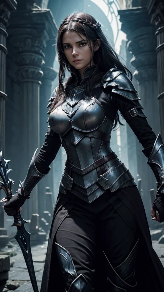 A strong, determined, compassionate, haunted, conflicted, resourceful, justice-seeking, full of redemption, reckless and guilty female Paladin/Warlock (Hexadin) named Seraphina, also known as "Sera". She is of the variant human race and has an imposing stature, standing at 5’8” tall and weighing 145 lbs. Her long, dark brown hair is often braided, suggesting a sense of discipline and order amidst chaos. Her eyes are intense and deep blue, holding a hint of sadness and resolve which tells a tale of her haunted past and inner conflict. Her skin is fair, with a hint of olive undertones.
She is dressed in dark silver chainmail armor that reflects her dual paths - the light of her Paladin path and the darkness of her Warlock pact. It should be a combination of traditional paladin armor, symbolizing her commitment to justice and order, while also incorporating elements that hint at her Warlock pact, such as purple arcane symbols or darker, more ominous details.
In one hand, she wields a longsword that pulses purple and black with malevolent energy - a visual representation of her pact with a shadowy entity. In her other hand, she carries a shield, symbolizing her Paladin oath and her determination to protect the innocent.
The background should be a stark contrast between two worlds - on one side, depict the twisted, haunted ruins of a fallen city, a reminder of her past and the covert mission that led to her pact. On the other, show the radiant warmth of a Silver Flame, representing her faith and the hope she holds for redemption. The line between the two should be blurred, symbolizing her constant struggle to maintain balance between light and darkness.
