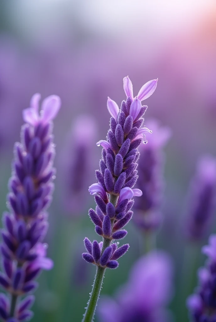 A closeup short of lavender, tiny drops of water on the top of it.