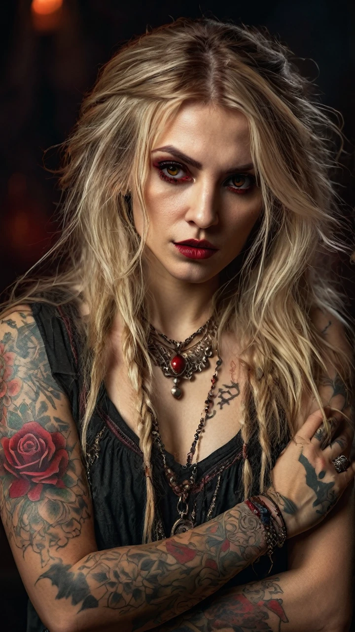 A vampire woman with a rude appearance, long messy blond hair, wearing bohemian style clothing, red eyes, tattoos on her arms, detailed face, highly detailed, 8k, photorealistic, studio lighting, portrait, dynamic pose, dramatic lighting, warm color tones, moody atmosphere