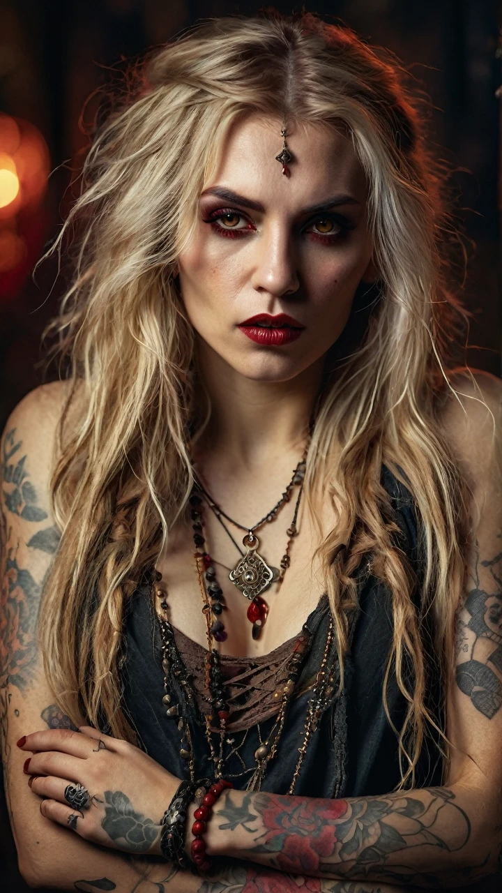 A vampire woman with a rude appearance, long messy blond hair, wearing bohemian style clothing, red eyes, tattoos on her arms, detailed face, highly detailed, 8k, photorealistic, studio lighting, portrait, dynamic pose, dramatic lighting, warm color tones, moody atmosphere