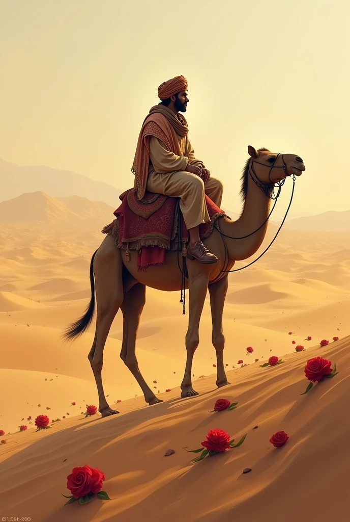 A turban guy sit on the camel and everywhere sand and red roses