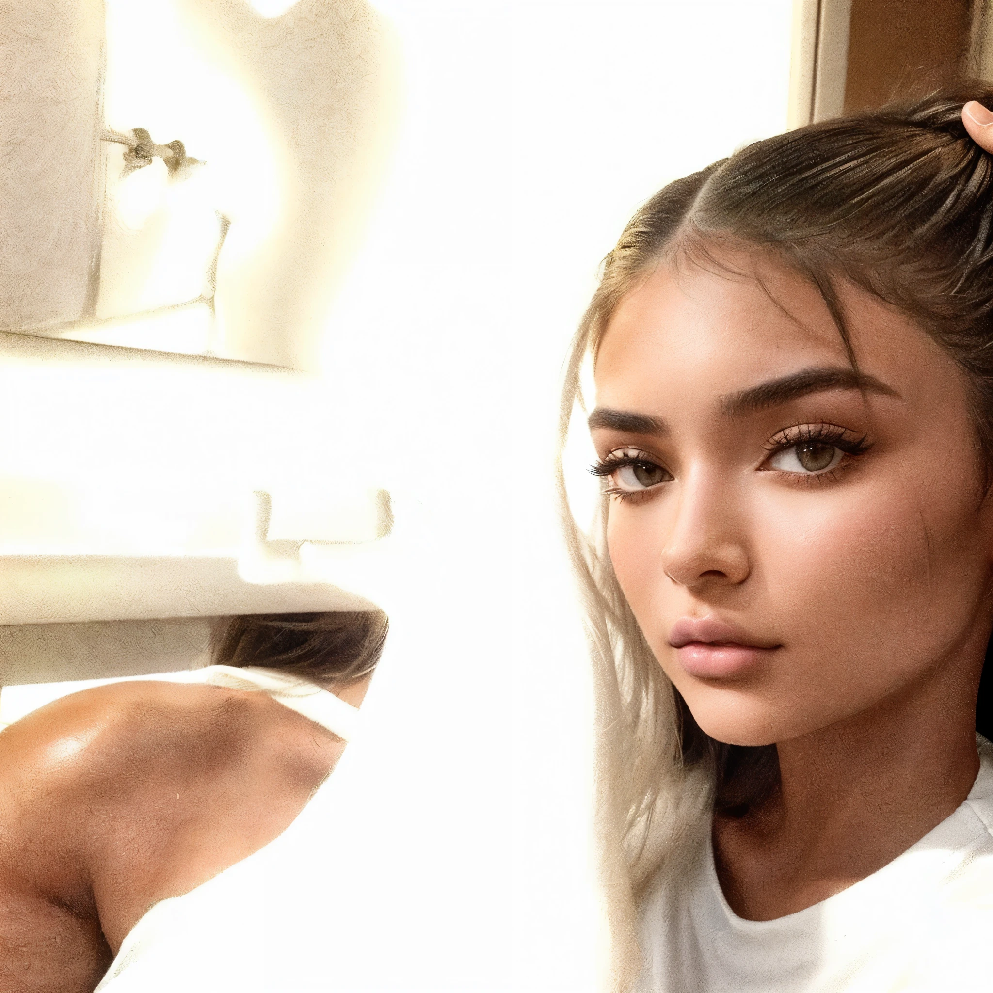 araffed woman with long hair and white tank top brushing her hair, kylie jenner, kylie jenner as catwoman, 1, flawless face, sexy face, her skin is light brown, natural contour aesthetics!!, looking off to the side, glowy, leaked image, flawless olive skin, she has olive brown skin, looking towards the camera