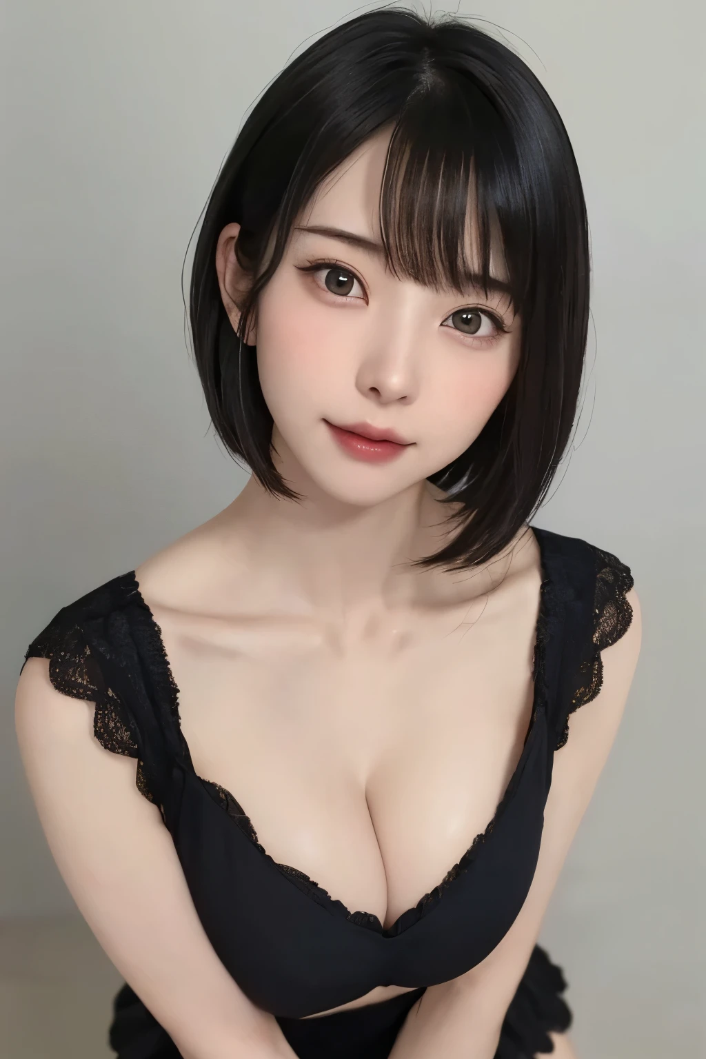 ((masterpiece、Highest quality、Ultra-high resolution、Gentle light))、(Like the picture:1.4)、((1 personの少女、solo、Beautiful white skin:1.4、On my knees、From above、Look up at the audience、Face close-up、2、Clear, beautiful eyes、Spotless、cute little、Black-haired、Beaver_cut、清潔なshort hair、190cm Supermodel、Big Breasts:1.6))(Bikini Swimwear:1.3、A simple two-tone blue and white swimsuit、Shiny shiny swimsuit、Shiny swimsuit with reflective surface、Soaking wet:1.2)、(Portraits of famous actresses of Japan、Listen carefully、Long neck)、(Laughter、happiness、joy、Hilarious、Close your mouth)、(Hold your chest between your arms、Bring your chest closer)、Eye for detail、A truly pure white background、Long neck、Bans、Eyelashes、Big eyes、Golden ratio face、The body of the golden ratio、(8k、RAW Photos、Highest quality、Masseter muscle area:1.2)、Ultra-detailed、Ultra-high resolution、(Realistic、Realistic photos:1.37)、Portrait、High-resolution RAW color photos、Professional photography、hVery detailed and beautiful、Very detailed、8k画像壁紙、Incredibly detailed、Large file size、Official Art、HVery detailed CG Unity 8k wallpapers、hVery detailed beautiful girl、Very detailed顔、Very detailed目、Very detailed皮膚、Very detailed指、hVery detailed nose、Very detailed詳細な口、Perfect Anatomy、Detailed Background、Detailed clothing、1 person、(20:1.2)、20th Generation、cute、Realistic body、、White skin、Glowing Skin、The body is slim、Handsome body、Black-haired、short hair、(Blunt bangs: 1.2)、Laughter、cute、Zola々right、cute faces、A vivid face、Delicate eyes、Source Order、lingerie、See through、耳Nipple Ring、Looking into the camera、Cowboy Shot、Positive、Standing posture、Contrapo、Dynamic Lighting、{gigantic|big|huge|mega} breasts:2, cleavage:2、Super huge breasts:2 、Cowboy Shot