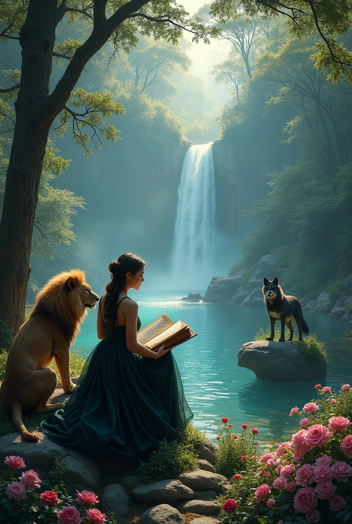 Une forêt enchanté avec un lion , un loup , , une jolie femme lisant un livre de magie assis sur un rocher contemplant la vue , des jolies fleurs , un lac , de la magie , une cascade , style gothique