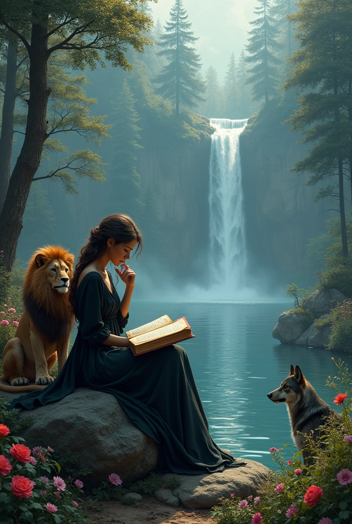 Une forêt enchanté avec un lion , un loup ,  , une jolie femme lisant un livre de magie assis sur un rocher contemplant la vue  , des jolies fleurs , un lac , de la magie , une cascade , style gothique
