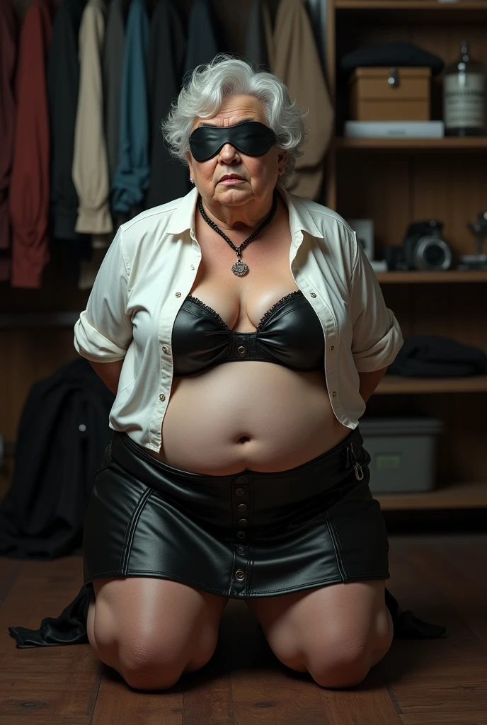 Overweight old grandmother.
She is wearing a white cotton shirt., une mini jupe en cuir noir avec boutons devant et des cuissardes à talons hauts.
Elle est à genoux avec les yeux bandés et les mains dans le dos dans son dressing.
Elle porte un collier en cuir noir sa chemiseest ouverte pour montrer son soutien gorge en cuir noir.
photo realistic