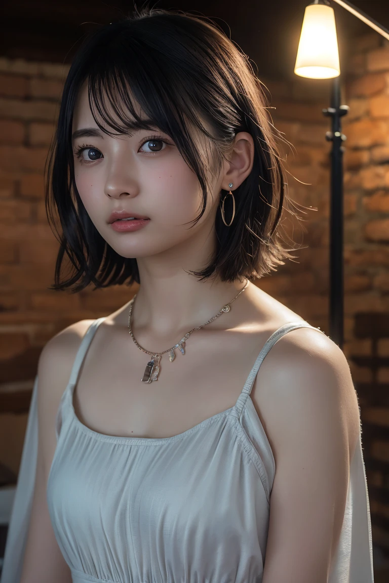(Highest quality:1.4),(masterpiece:1.4),(Realistic:1.4),(Realistic:1.2),(超High resolution, RAW Photos:1.4),(High resolution, Ultra-detailed:1.2),(8k:1.2),View your viewers,Cinematic photography,One person,skeletally correct,Black-haired woman,Woman in her early 20s,(Small earrings,necklace,Grey3Tiered dress),(Western-style building interior,Dimly lit room,The lamplight shines on my cheeks)