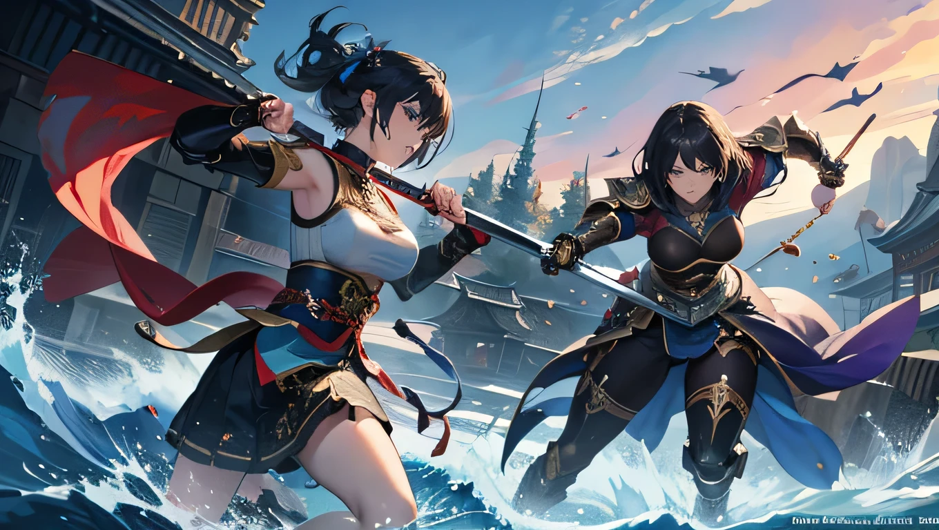A battle scene between a female swordsman with bob hair and a blue jewel spear and a female swordsman with black hair and steel armor and a large sword.。Final Fantasy-esque tone and quality。There are two of them in the picture.、The battle is dynamic, speedy and fantastical., (masterpiece:1.2) , (best quality:1.2) , (ultra-detailed:1.2), Big Breasts, fullbody shot,Elegant swirl background, Fight at a Japanese shrine on the water,(masterpiece,best quality:1.4),(8k,raw photo,photo realistic:1.2),shiny skin,detailed skin,detailed face,detailed eyes,beautiful face,