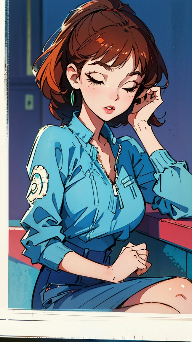 highest quality, masterpiece), 1 Girl, 1980s \(style\)Beautiful expression,Eyes closed, ,\(style\)Upper Body,Horizontal position,pin up , \(style\)short cropped bangs,\(style\), Sitting,\(style\), citypop, lofi,\(style\),1980s fashion,casual,1980s fashion, \(style\)sunset,sunset,