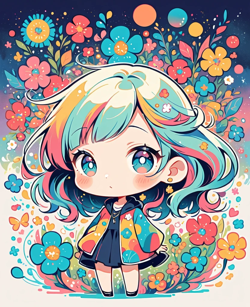 Watase Seizo style, Standing in front of a high wall，Simple Line Initialism，Abstract art，galactic universe Background, (((The most beautiful girl))), (((chibi))), colorful flowers, 