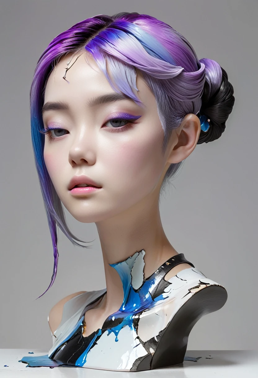 ((Showcase，Still Life Table，Artistic statues，3D sculpture，Ceramics，Surface cracks，Shattered Texture)), 1 person，alone，beautiful，Black and white metallic hair accessories，Blue-purple gradient hair tip，Purple Hair，Twin Blade, Grace，Thin neck，Communicating the beauty of nature.The creativity of Yun Shu：1.37.From Kane，Golden Powder， This artwork appears on a grey background，Emphasise the artistry.Ray Tracing,Upper Body
