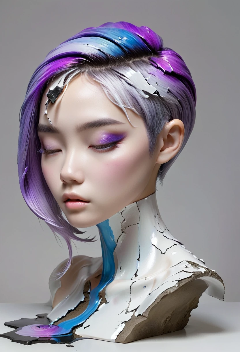 ((Showcase，Still Life Table，Artistic statues，3D sculpture，Ceramics，Surface cracks，Shattered Texture)), 1 person，alone，beautiful，Black and white metallic hair accessories，Blue-purple gradient hair tip，Purple Hair，Twin Blade, Grace，Thin neck，Communicating the beauty of nature.The creativity of Yun Shu：1.37.From Kane，Golden Powder， This artwork appears on a grey background，Emphasise the artistry.Ray Tracing,Upper Body
