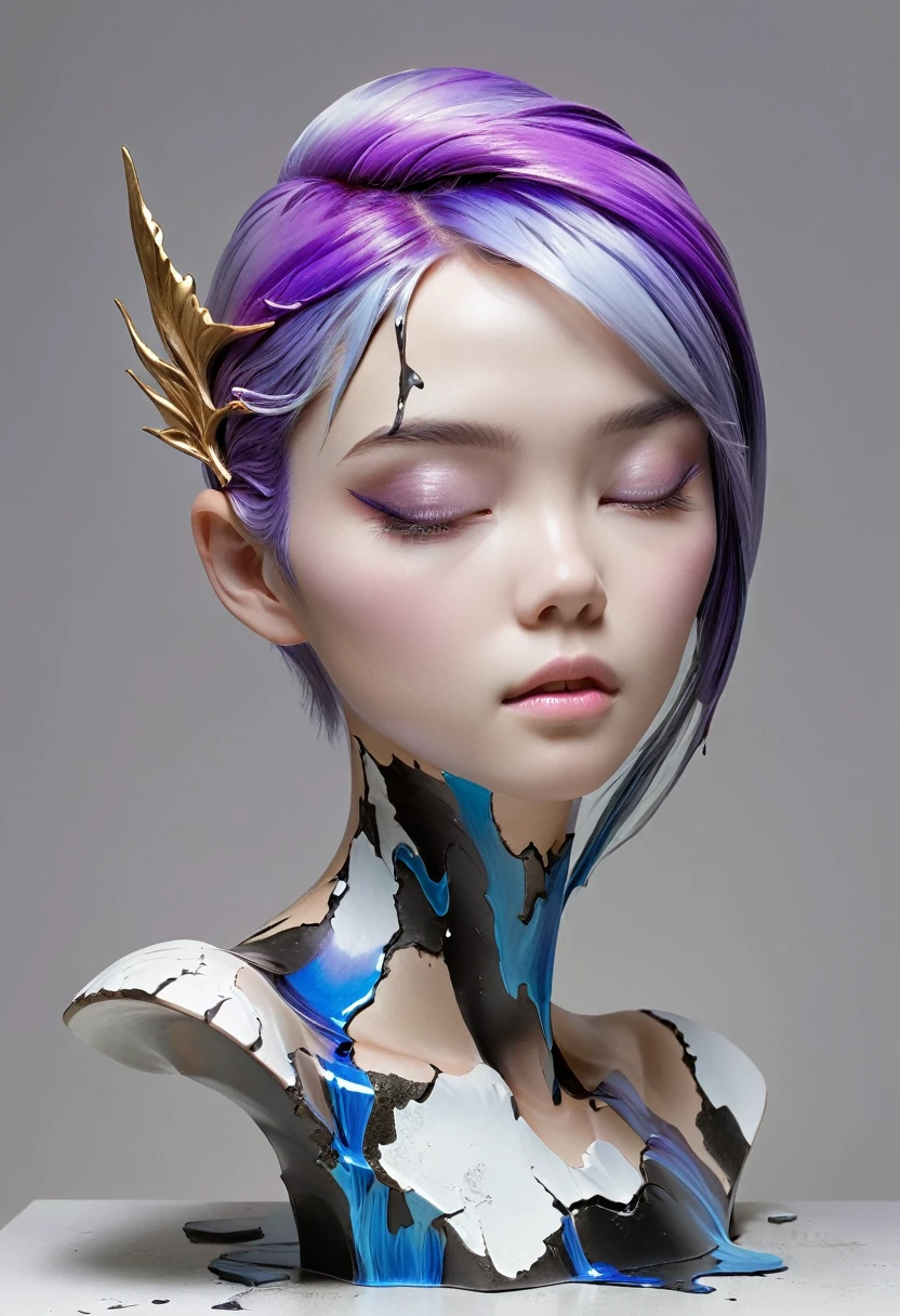 ((Showcase，Still Life Table，Artistic statues，3D sculpture，Ceramics，Surface cracks，Shattered Texture)), 1 person，alone，beautiful，Black and white metallic hair accessories，Blue-purple gradient hair tip，Purple Hair，Twin Blade, Grace，Thin neck，Communicating the beauty of nature.The creativity of Yun Shu：1.37.From Kane，Golden Powder， This artwork appears on a grey background，Emphasise the artistry.Ray Tracing,Upper Body
