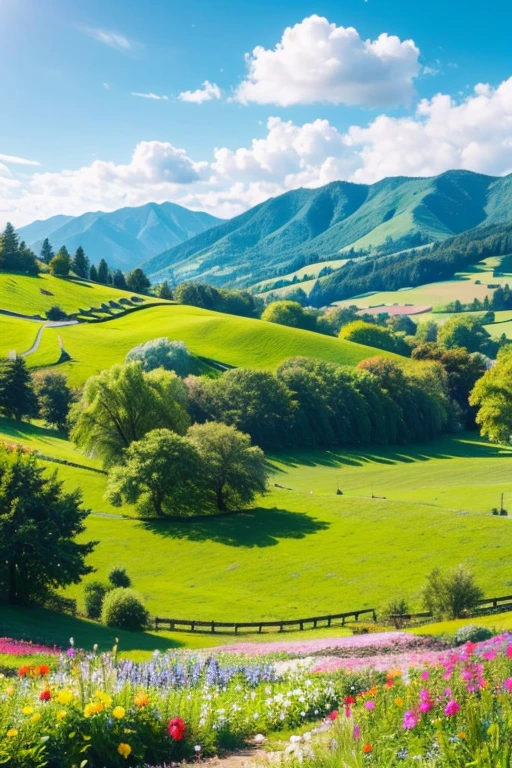 Masterpiece, best composition, view of hills in summer, hills with colorful flowers, big tree on the hill, blue sky, white clouds vivid colors.