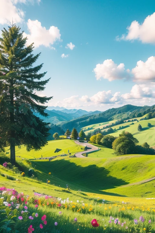 Masterpiece, best composition, view of hills in summer, hills with colorful flowers, big tree on the hill, blue sky, white clouds vivid colors.