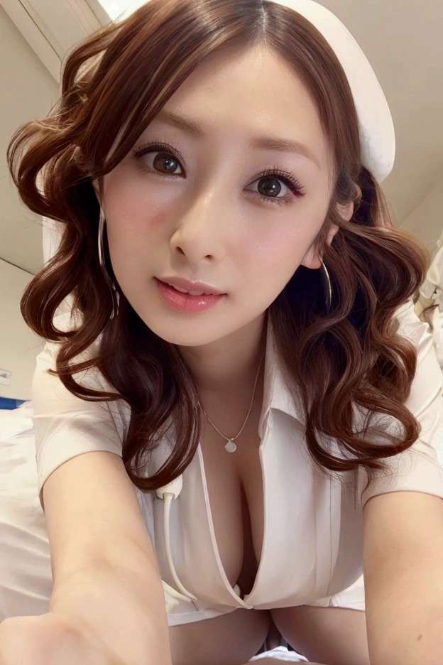 (Tabletop:1.3, Photorealistic:1.4, 8k), Highest quality, masterpiece, Ultra-high resolution, Perfect dynamic composition, Big Face、Round face、((Light brown hair:1.8、Long Hair、Curly Hair))、Highly detailed skin and facial textures:1.3, Limb details, 1 person, Two cute sexy women, (Sunburned skin:1.2), Tilt'Face, ((smile:0.2, Totally captivates you:0.9)), ((Nurse uniform, Nurse cap)),Mid-chest, Cleavage、(Distant eyes、Beautiful Eyes, Beautiful erotic eyes:0.85), Sexy Face:0.4, (Mouth closed、Small Mouth、Thick lips、A taste of beautiful eroticism:0.85), ((Too cute beauty:0.9))、Gal Makeup、Standing position、(Extreme close up), Beautiful legs、(The photographer took the picture while lying in bed...)、Kiss the camera、(Ceiling of hospital room)
