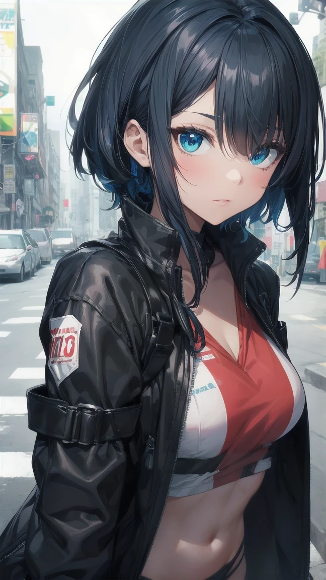 Anime character with gun and black jacket, artwork in the style of Gwaiz, Anime Style 4k yen, Gwaiz, Anime Style. 8k, Gwaiz on artstation pixiv, Gwaiz on pixiv artstation, Ilya Kuvshinov. 4k yen, 4k anime wallpaper, Cyberpunk anime, High quality anime art style, Jinx Face, Wolf Cut, short hair, hot pants, Small breasts, ((Black Hair, Inner bright blue hair:1.4)), Pitch Resuit, rubber ,Nipples, tits, R18, Nipple piercing, Slanted Eyes, Ahegao