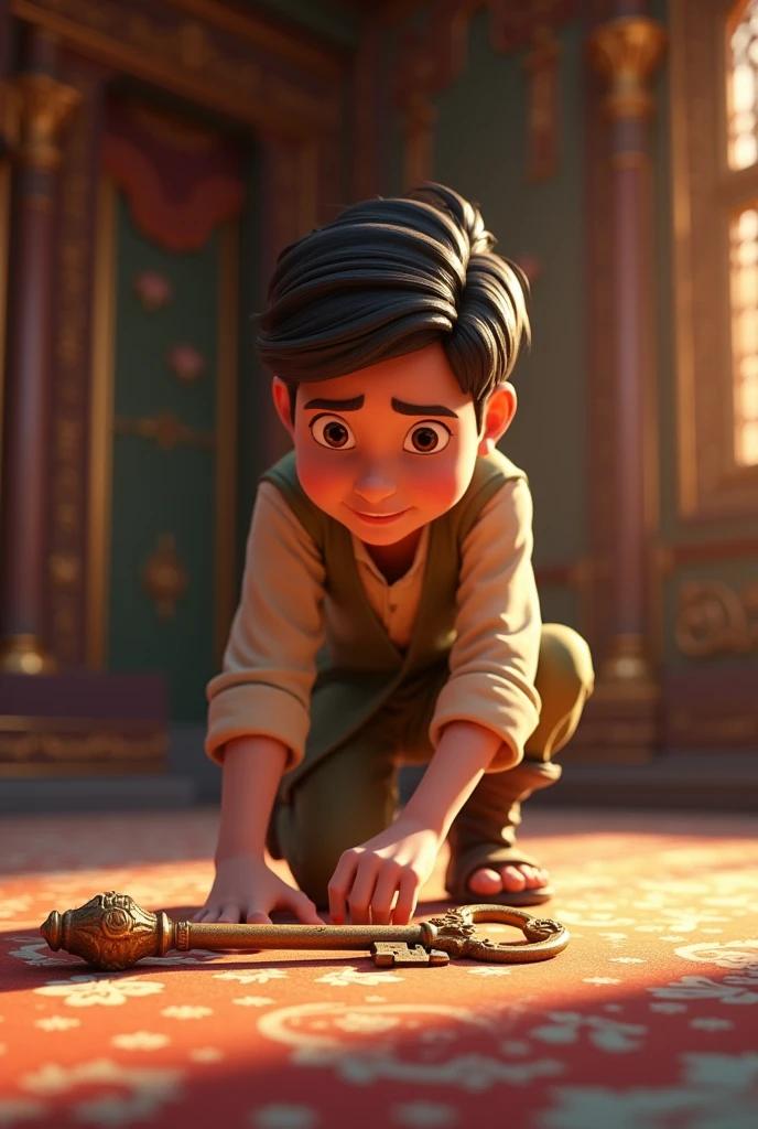 Cinematic 3d cartoon style Old Key Discovery: The young man finding a dusty, ornate key on the ground inside the palace