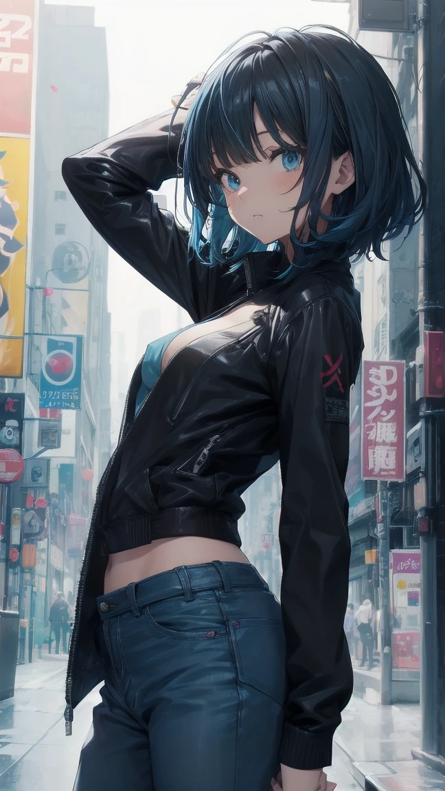 Anime character with gun and black jacket, artwork in the style of Gwaiz, Anime Style 4k yen, Gwaiz, Anime Style. 8k, Gwaiz on artstation pixiv, Gwaiz on pixiv artstation, Ilya Kuvshinov. 4k yen, 4k anime wallpaper, Cyberpunk anime, High quality anime art style, Jinx Face, Wolf Cut, short hair, hot pants, Small breasts, ((Black Hair, Inner bright blue hair:1.4)), Pitch Resuit, rubber ,Nipples, tits, R18, Nipple piercing, Slanted Eyes, Ahegao, Posing naked
